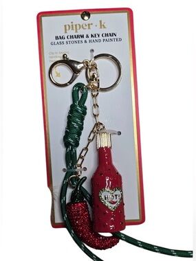 Piper K Red Bottle & Chili Pepper Bag Charm Keychain NWT